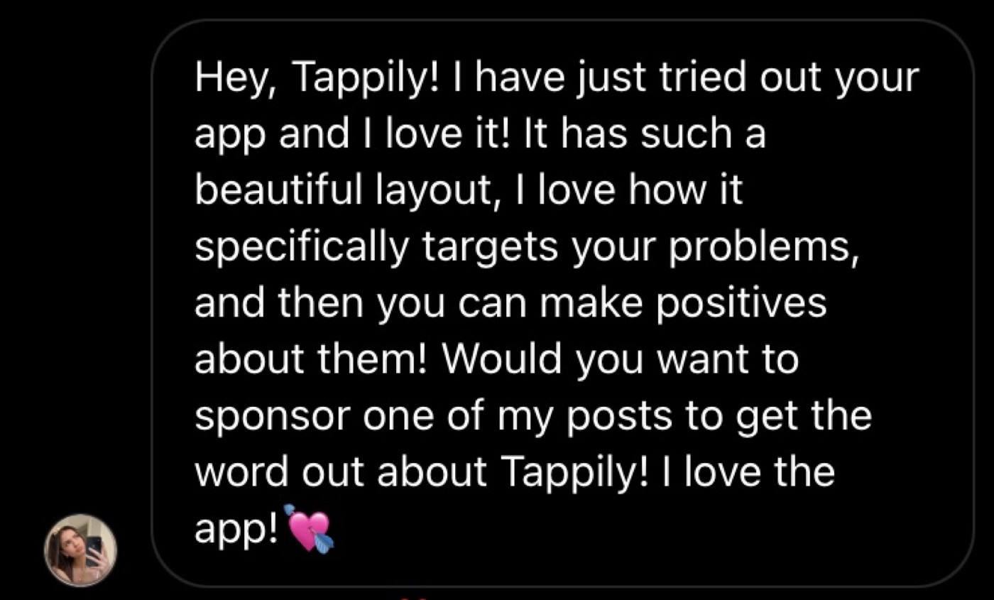 A beta tester message praising the Tappily layout and asking to help spread the word