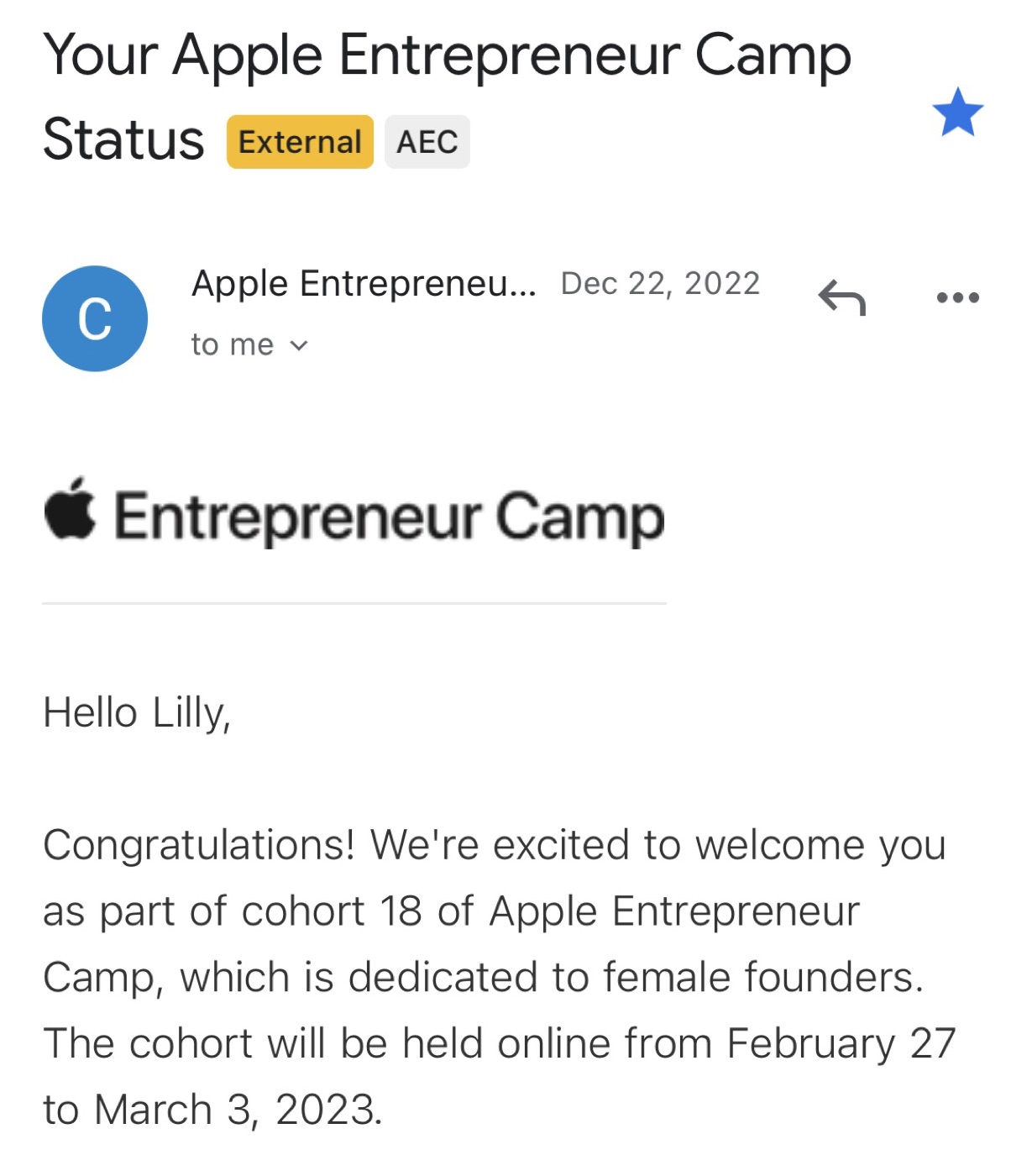 Email from Apple welcoming Lilly to cohort 18 of Apple Entrepreneur Camp for female founders
