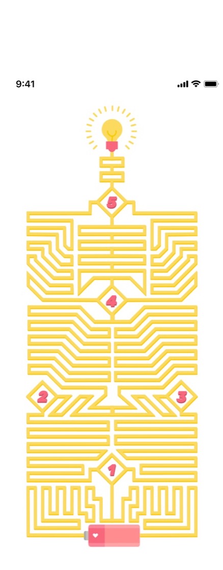 A Tappily activity screen: a yellow maze with numbered checkpoints leading to a lightbulb