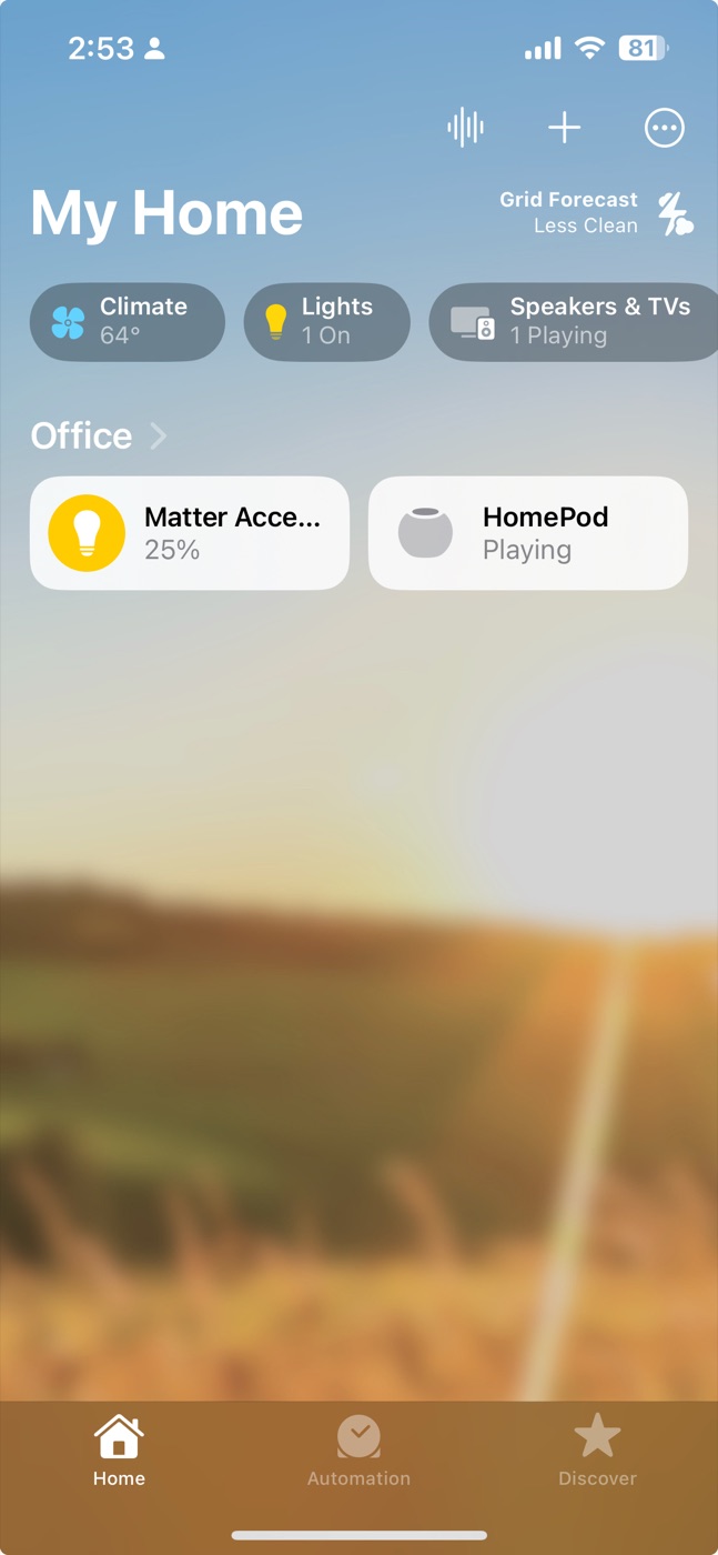The Home app showing the Matter accessory light at 25 percent in the Office room