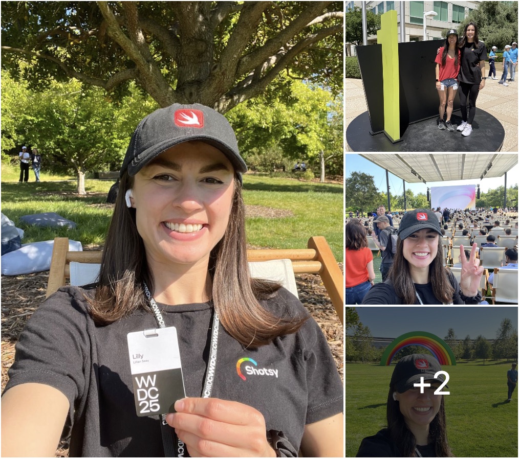 Lilly at Apple Park during WWDC25, holding her badge, with photos of the keynote lawn