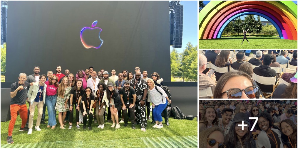 Group photo in front of the Apple keynote stage at WWDC24, with the rainbow arch at Apple Park