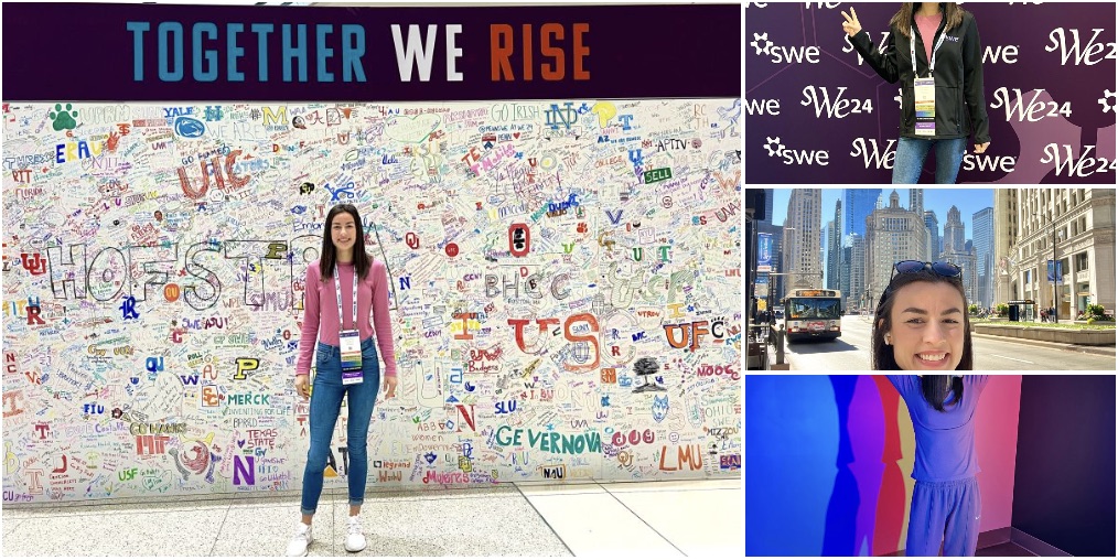 Lilly in front of the Together We Rise wall at the SWE conference in Chicago