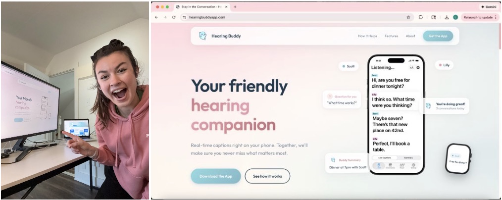Lilly pointing at the new Hearing Buddy website on her monitor, next to the redesigned homepage
