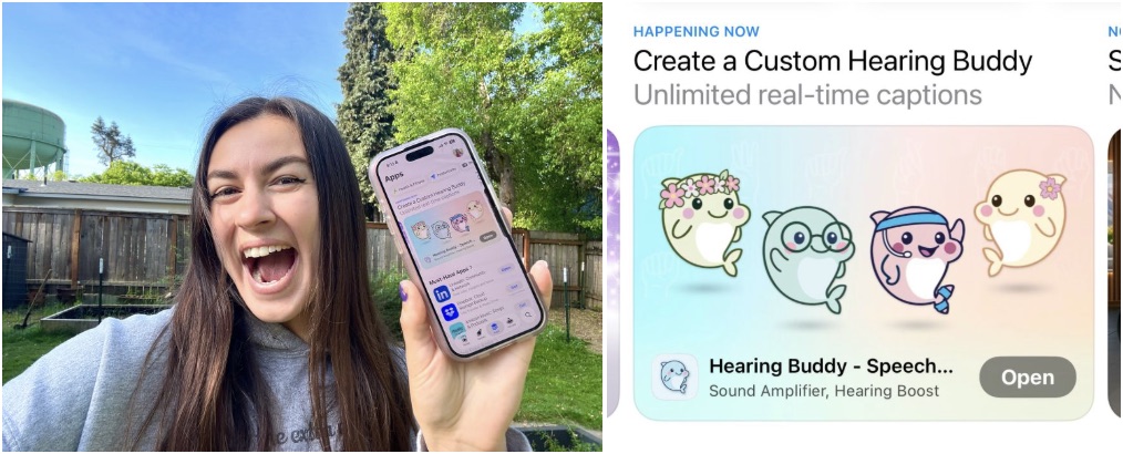 Lilly holding her phone showing the Hearing Buddy App Store feature, next to the in-app event card