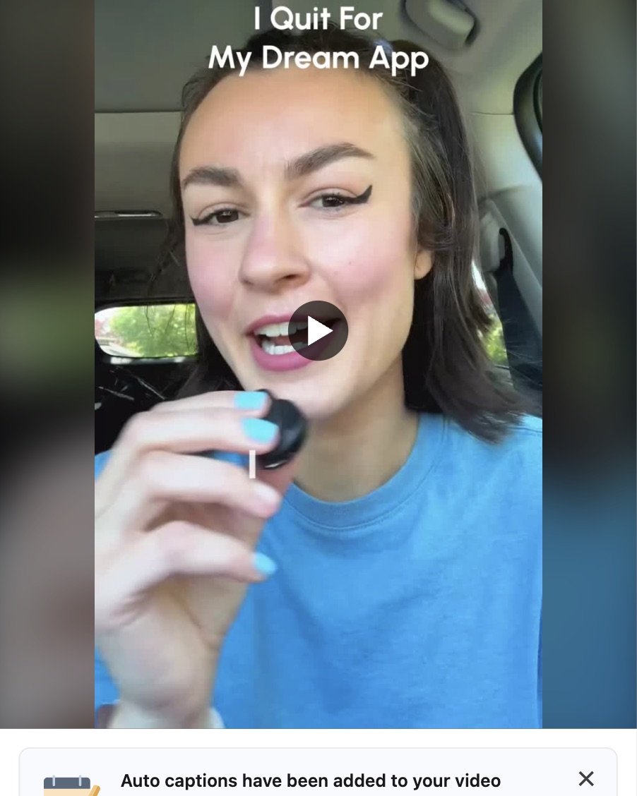 Video still of Lilly in her car with the caption I quit for my dream app